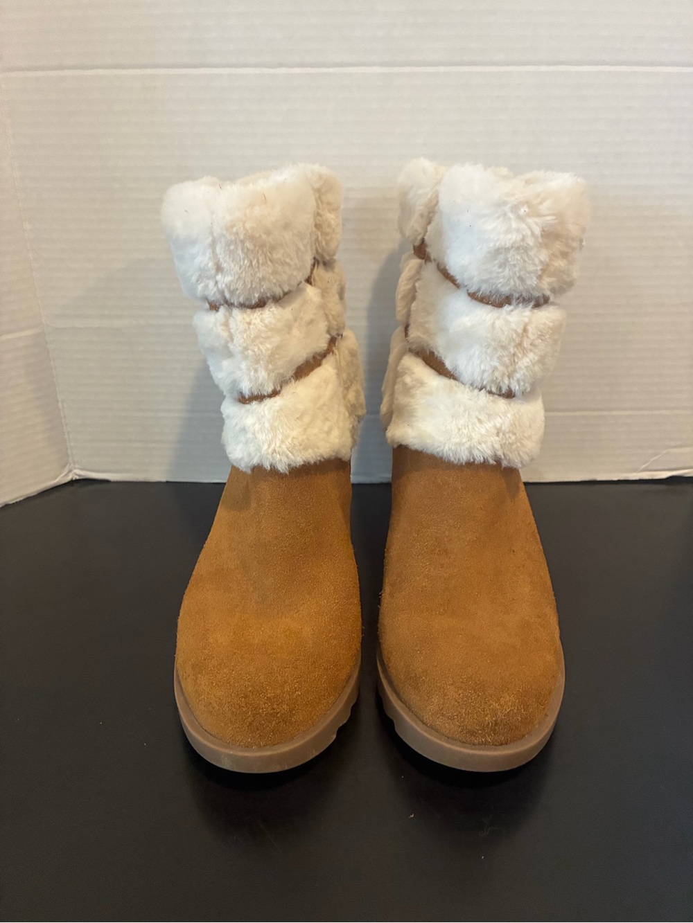Koolaburra Tan Suede Ankle Boots with Cream Faux-Fur Cuff